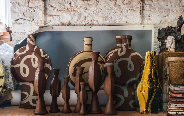 Slipware bottles in Dylan Bowen's Studio
