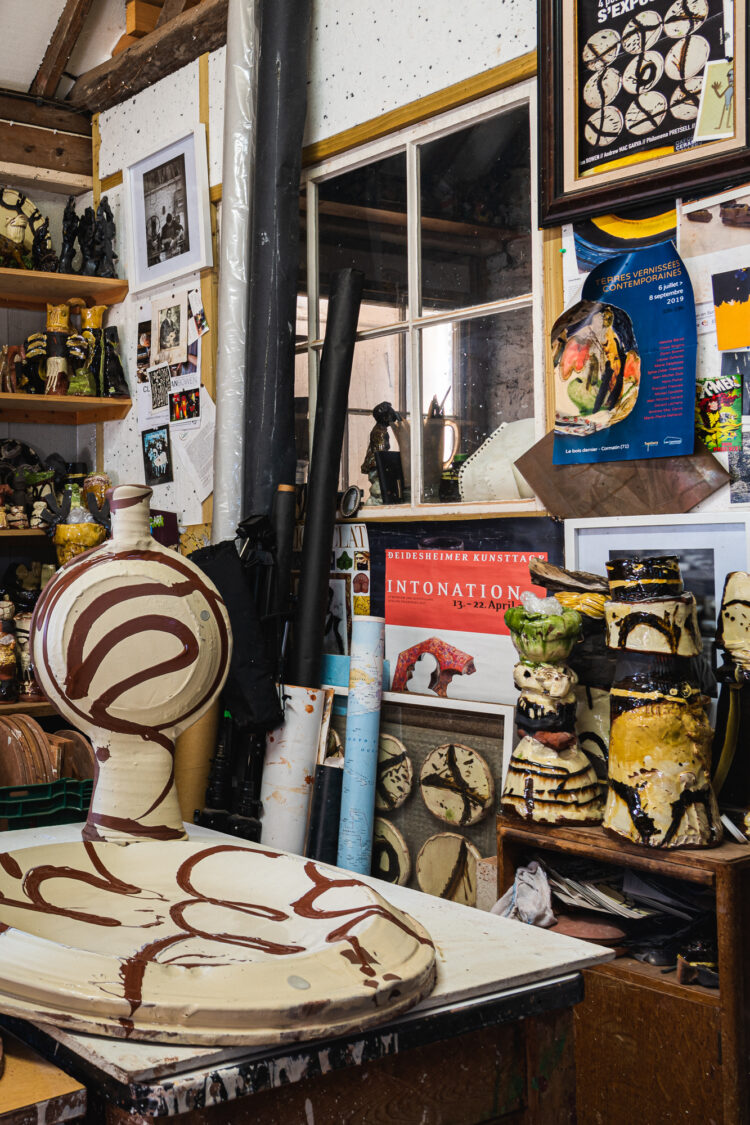 A slipware bottle in Dylan Bowen's Studio