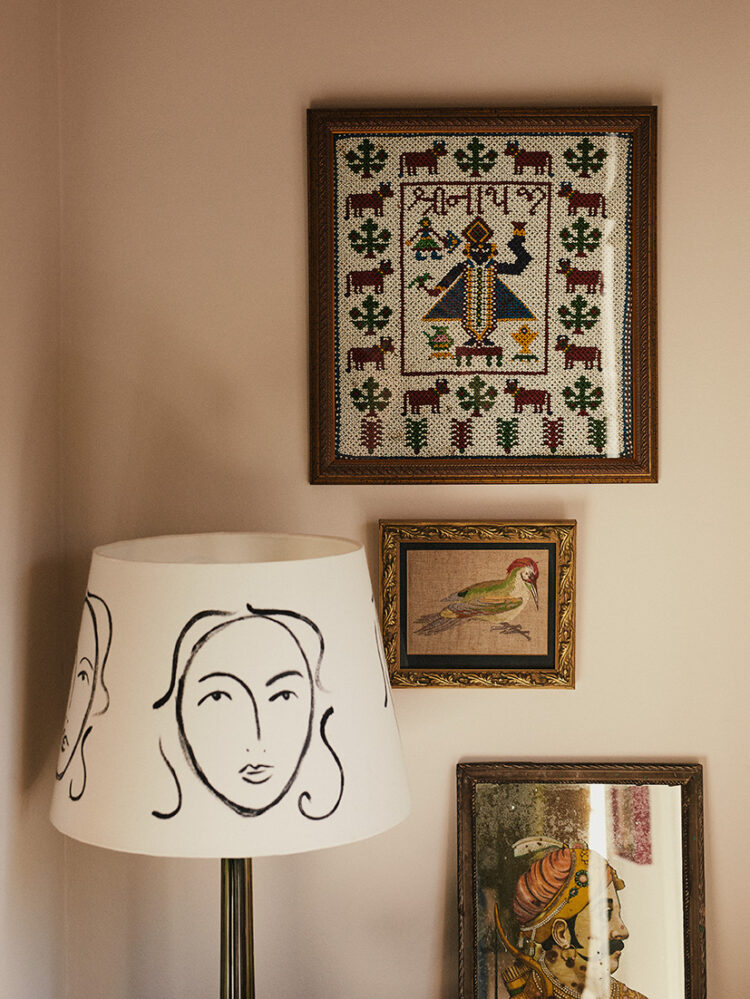 Handpainted lampshade with framed Indian fabrics