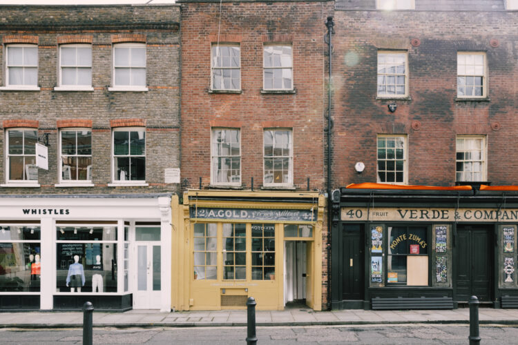 Exterior of Brushfield Road shop front yellow paint