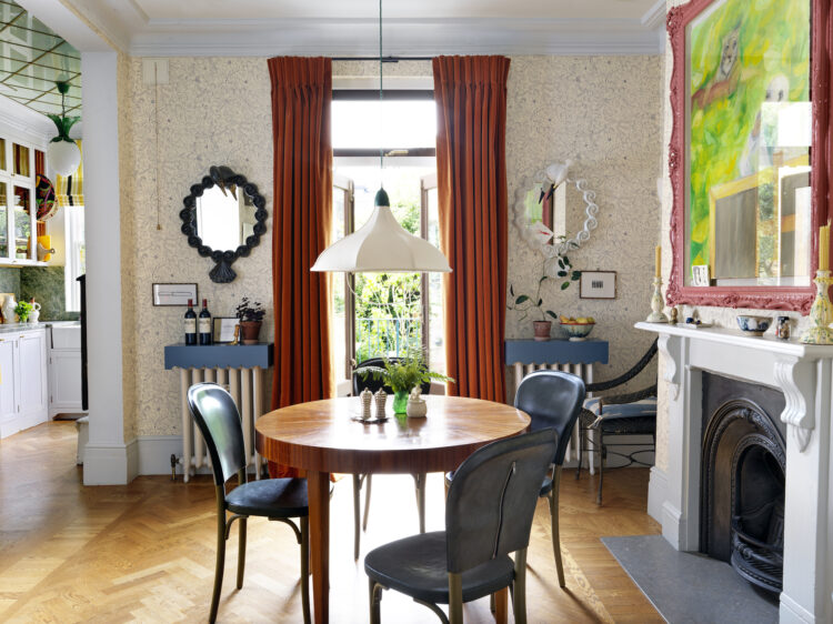 Dining Room with Patterned Wallpaper