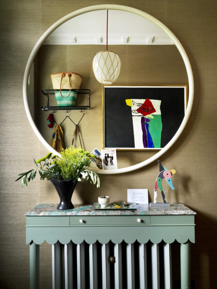 Hallway side table with circular mirror