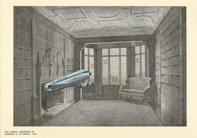 Time Transfixed. Oak Library, Residence of Charles S. Pillsbury Esq. (Homage to Magritte) collage by Mark Lazenby